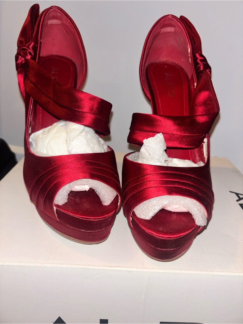 ALDO Red Satin Peep-Toe Platform Heels with Ankle Wrap